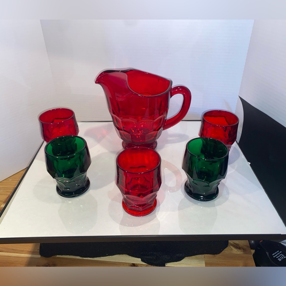 Vintage Georgian Ruby Red Pitcher & 5 Tumbler 3 Red 2 Green